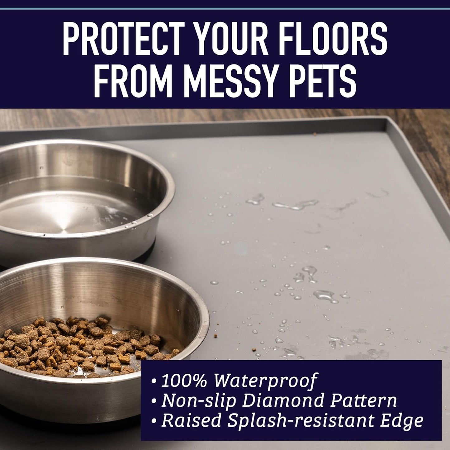Leashboss Splash Mat Dog Food Mat with Tall Lip, M/L (20"X13"), XL (25”X17”) or XXL (30"X22") Dog Bowl Mat for Food and Water, Non Slip Waterproof Silicone Pet Food Mat for Dogs and Cats