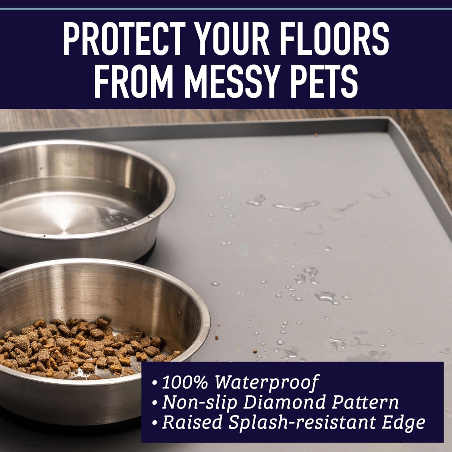 Leashboss Splash Mat Dog Food Mat with Tall Lip, M/L (20"X13"), XL (25”X17”) or XXL (30"X22") Dog Bowl Mat for Food and Water, Non Slip Waterproof Silicone Pet Food Mat for Dogs and Cats